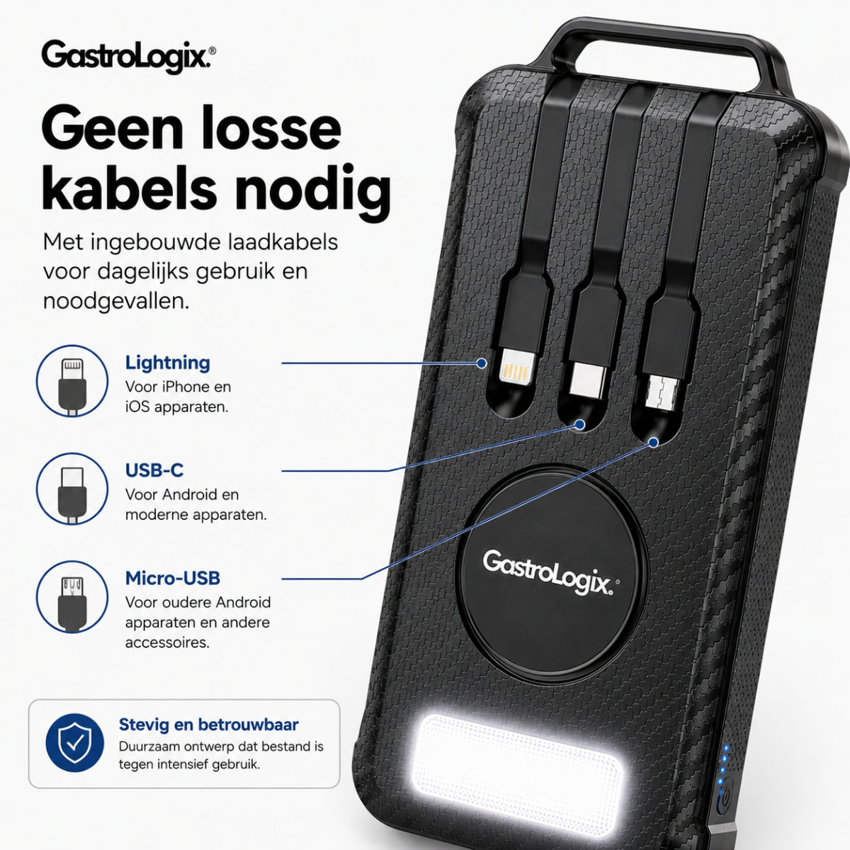 GastroLogix Multifunctionele Solar Powerbank (met ingebouwde kabels)