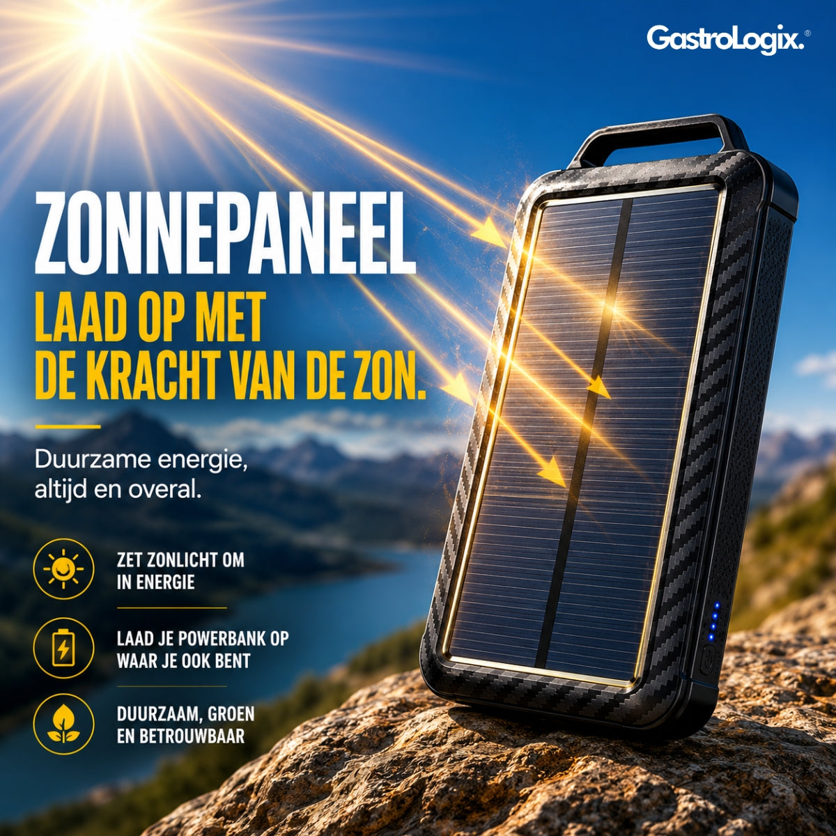 GastroLogix Multifunctionele Solar Powerbank (met ingebouwde kabels)