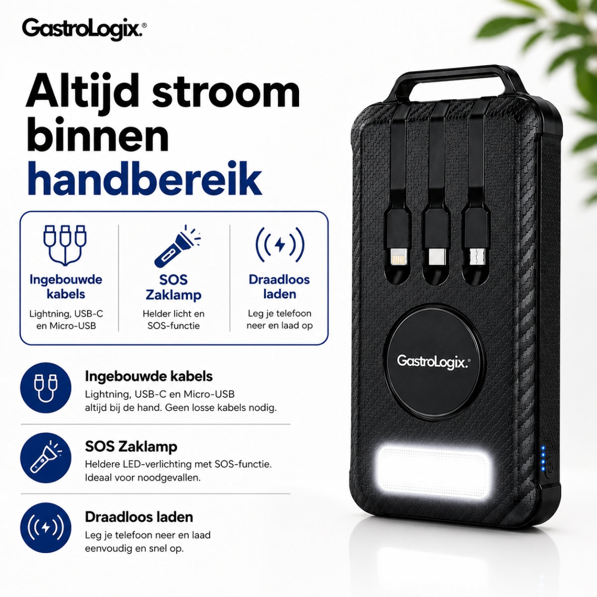 GastroLogix Multifunctionele Solar Powerbank (met ingebouwde kabels)